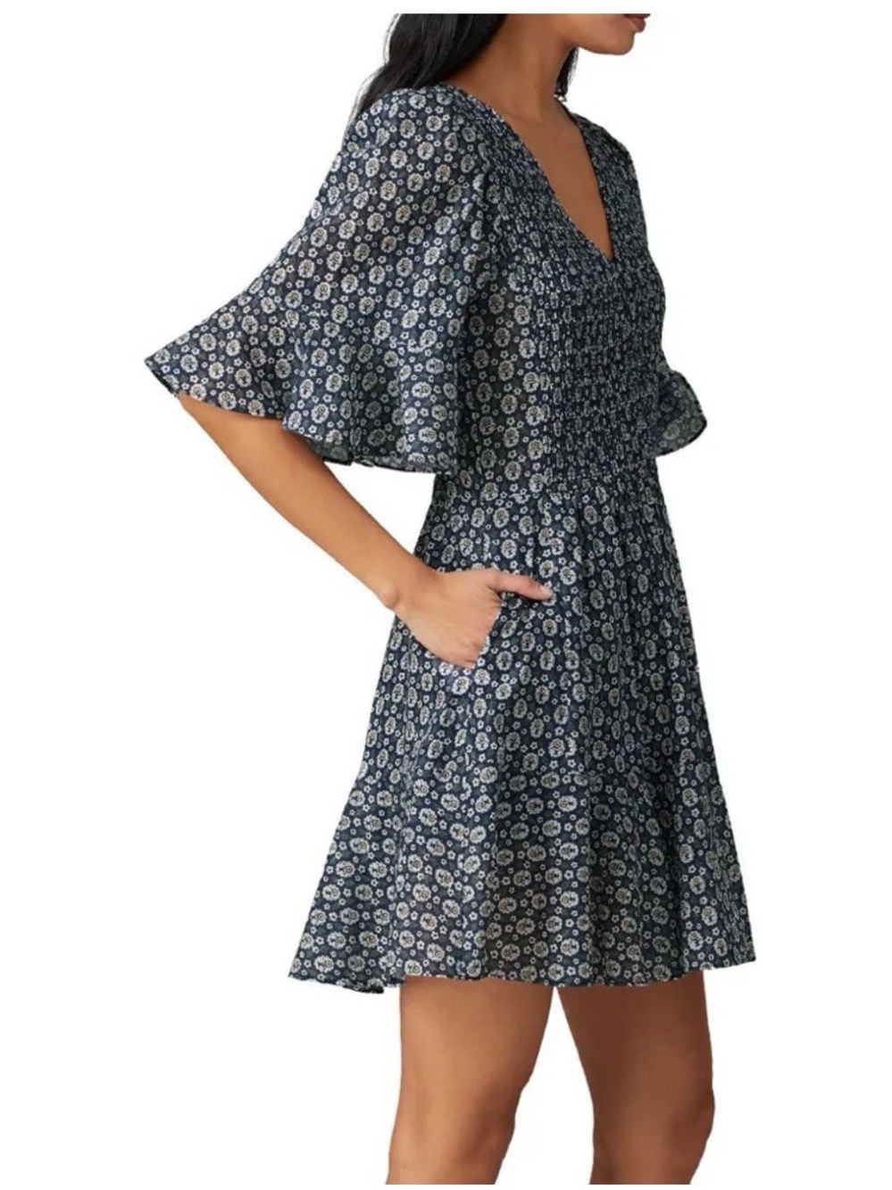 Rebecca Taylor La Vie Smocked V-Neck Floral Mini Dress - Blue - Picture 2 of 7